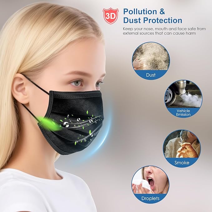 NNPCBT Black Disposable Face Masks 50PCS 3 Ply
