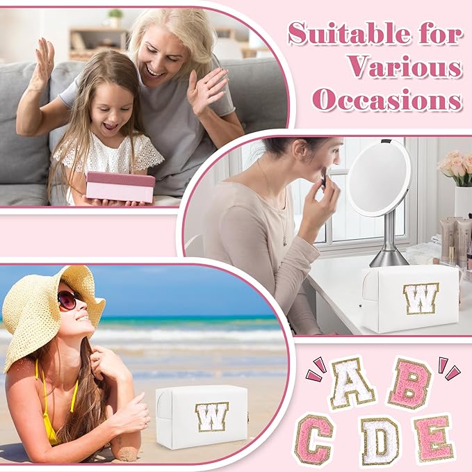 Small Personalized Initial A-Z Preppy Patch Makeup Bag,White PU Chenille Letter Travel Cosmetic Pouch with Zipper,Cute Toiletry Bag,Gift Ideal for Teen Girls Women Teacher Bridesmaid,Letter W