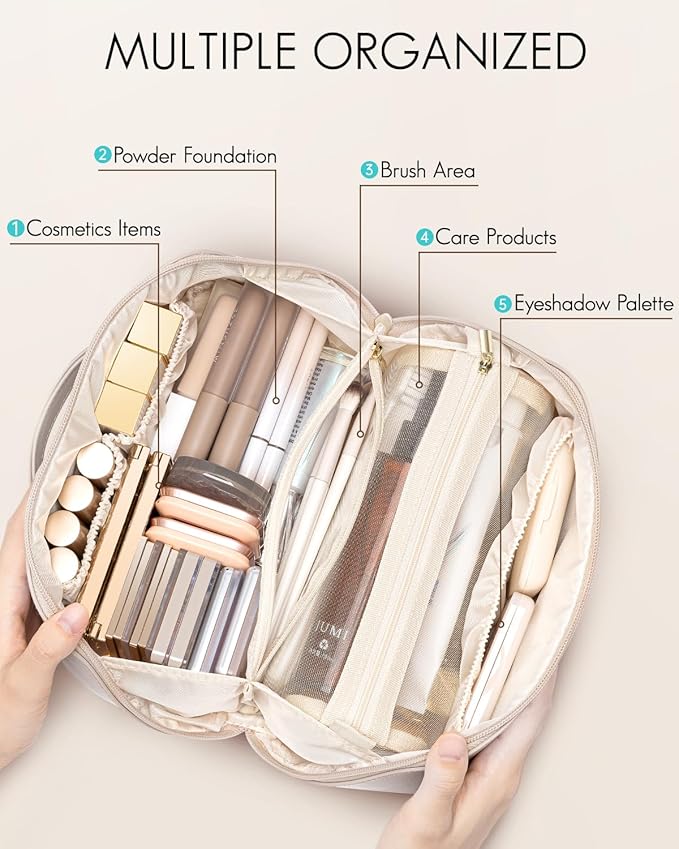 Vlando Travel Makeup Bag,Teacher Appreciation Gifts,Large Capacity Toiletry Bag for Women Wide Open Cosmetic Organizer with Divider and Handle(White)