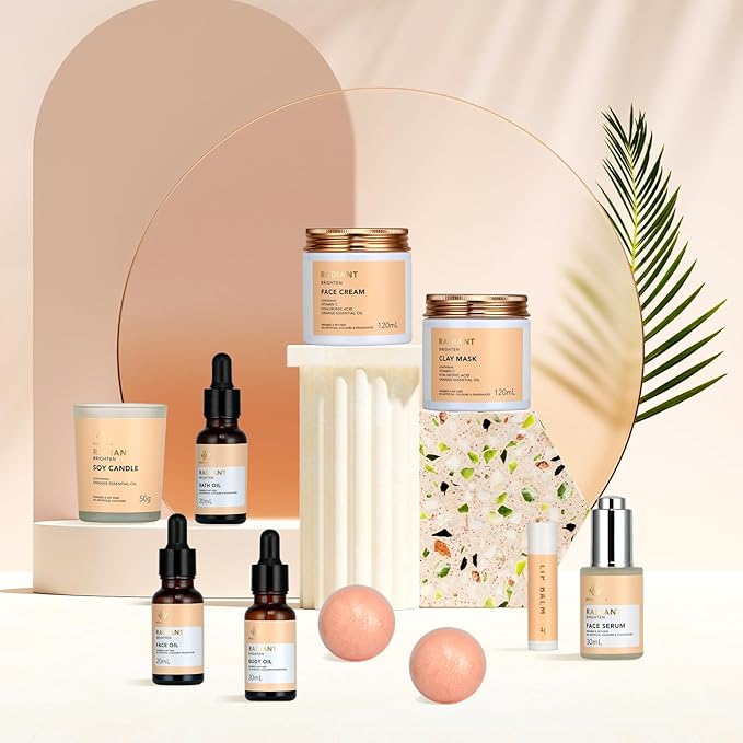 Skin Care Set for Women & Men, 28pcs Facial Kit at Home, Self Care Pamper Set, Birthday Gifts, Orange Spa Gift Baskets for Women, Serum, Face Cream, Bath Oil, Bath Bomb, Mothers Day, Christmas, Dad