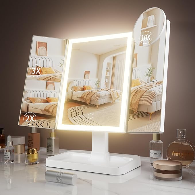 Makeup Vanity Mirror with Lights, Rechargeable Lighted Makeup Mirror with 2X 3X 10X Magnification, Led Makeup Mirror with 3 Colors Lights, Portable Mirror for Travel Desk, Gifts for Women Girls