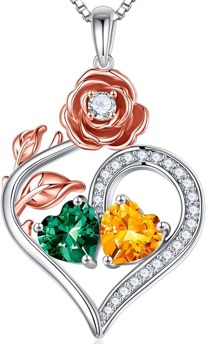 Iefil Rose Heart Birthstone Necklaces for Women - 925 Sterling Silver Double Birthstone Necklace, Anniversary Birthday Gifts for Women, Jewelry Gifts for Wife Her