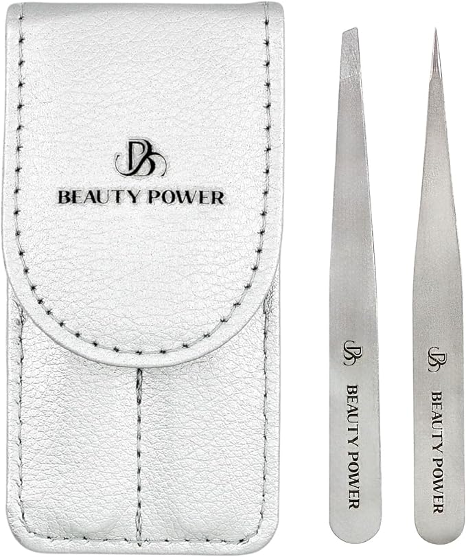 Professional Tweezers Set – Slant & Point, Ultra Precision German Stainless Steel Tweezers for Eyebrows, Chin, Ingrown Hair & Facial Grooming – Lightweight with Travel Case (Matte Grey)