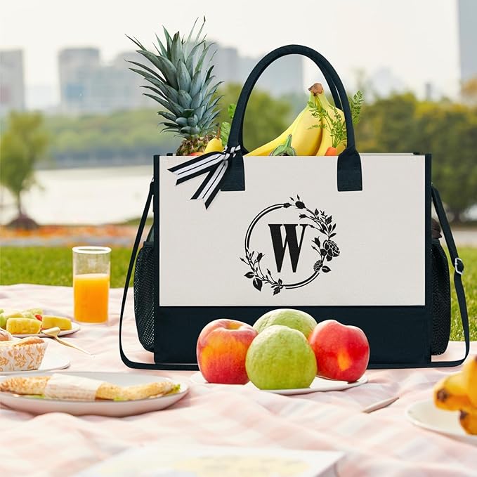 TOPDesign Personalized Initial Canvas Tote Bag, for Wedding, Birthday, Beach, Perfect Gifts for Women, Mom, Teachers, Friends