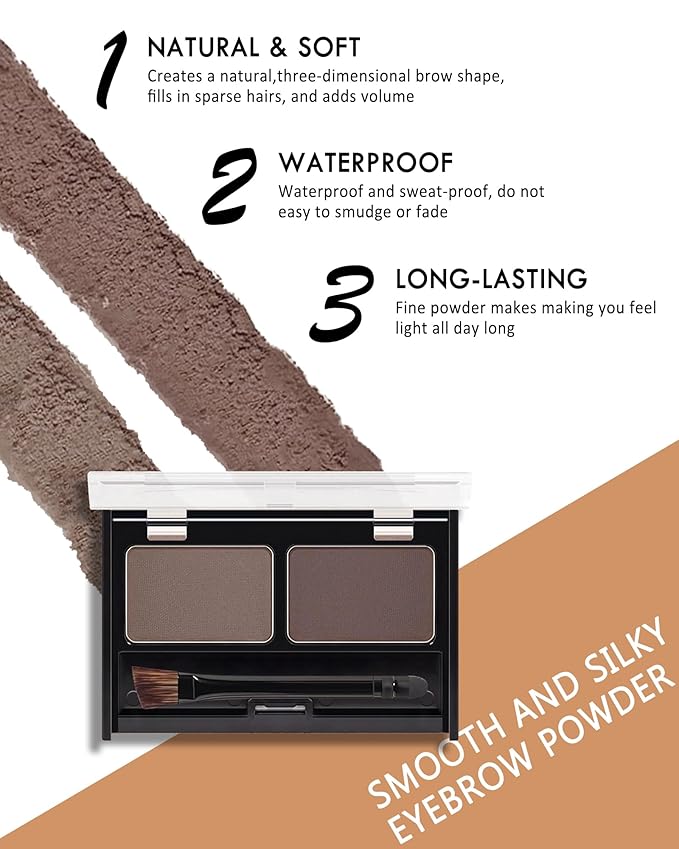 Eyebrow Powder Kit-Waterproof Two Colors Brow Powder Tinted Palette Long Lasting Up to 16H, Brown/Dark Brown Brow Filler Defined&Sculpt Natural Eyebrow Makeup for Sparse Brow with Brow Brush &Razor-03