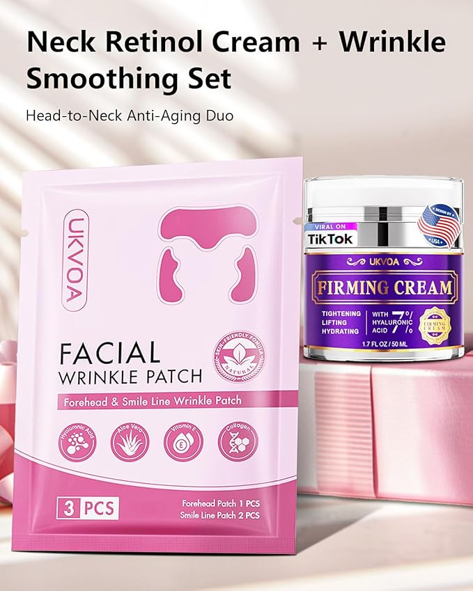 Forehead Wrinkle Patches & Smile Line Patches, Overnight Facial Wrinkle Treatment with Hyaluronic Acid, Aloe, Collagen & Vitamin E to Lift Smile Lines for Women 36pcs with Neck Firming Cream