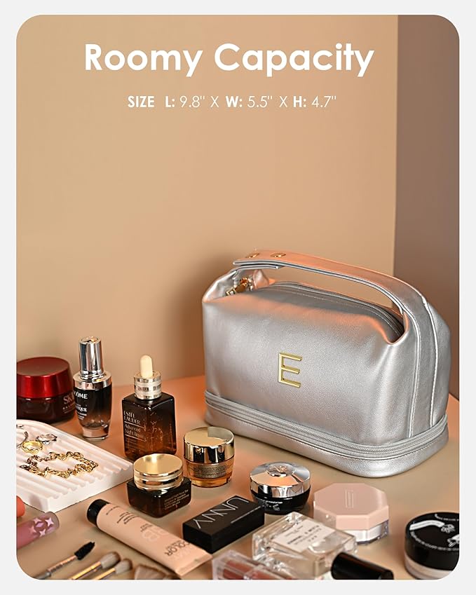 Trendy Gifts for Women, Personalized Makeup Bag with Handle, Initial Double Layer Cosmetic Bag with Makeup Brush Organizer, Cute Cosmetic Pouch for Women, Gifts for 20 Year Old Female