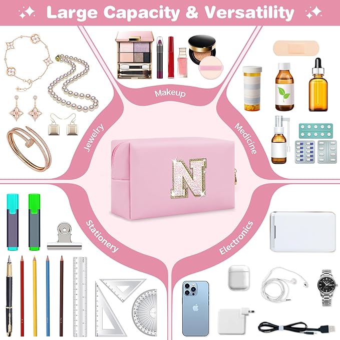 Small Personalized Initial A-Z Patch Makeup Bag,Pink Cute PU Leather Glitter Letter Cosmetic Bag for Teen Girls,Travel Toiletry Bag with Zipper,Preppy Monogrammed Birthday Gift for Daughter Niece N