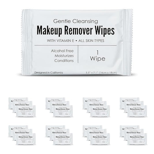 Bulk Makeup Remover Wipes | 500 Count| Individually Wrapped, Gentle Cleansing, Alcohol Free - All Skin Types - Vitamin E - 100% Recyclable, Hotel Travel Size Toiletries