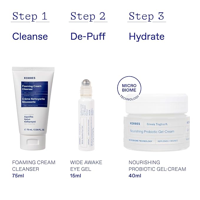 KORRES Greek Yoghurt Hydration Boost Trio Set, 3-Step Skin Care Kit with Foaming Cream Cleanser, Eye Gel & Probiotic Gel Cream, Pre & Probiotics for Balanced Hydration, Clean Beauty, 3 Piece Set