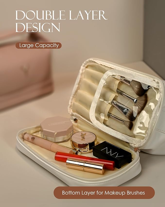 Gifts for 13 14 15 16 17 18 Year Old Girls, Makeup Bags with Handle, Initial Double Layer Cosmetic Bag with Makeup Brush Organizer, Cute Cosmetic Pouch for Women, Gifts for Friends Female Mom