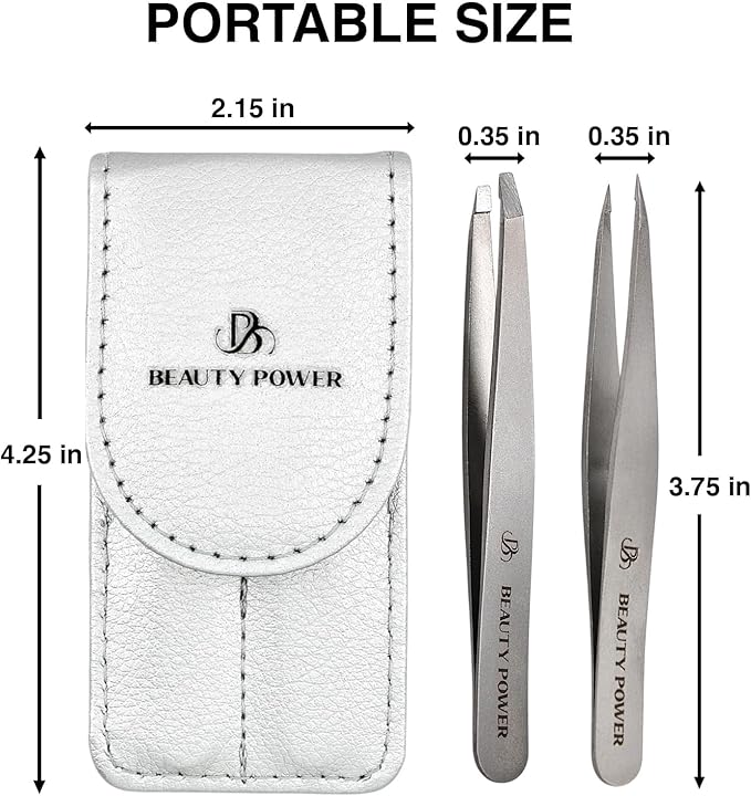 Professional Tweezers Set – Slant & Point, Ultra Precision German Stainless Steel Tweezers for Eyebrows, Chin, Ingrown Hair & Facial Grooming – Lightweight with Travel Case (Matte Grey)