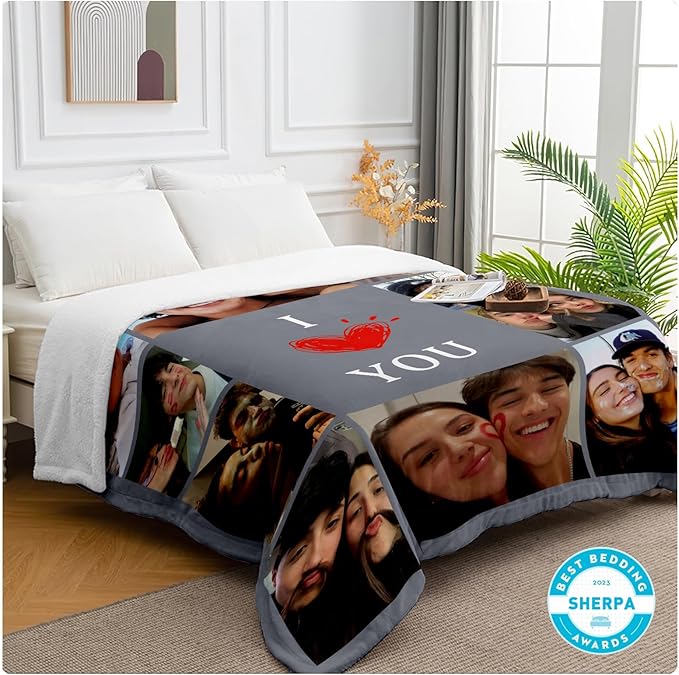 DayOfShe Thicker Sherpa Photo Blankets Custom Love Gifts for Wife Husband Anniversary, Personalized Couples Warm Fleece Photo Blanket Gifts for Girlfriend Boyfriend