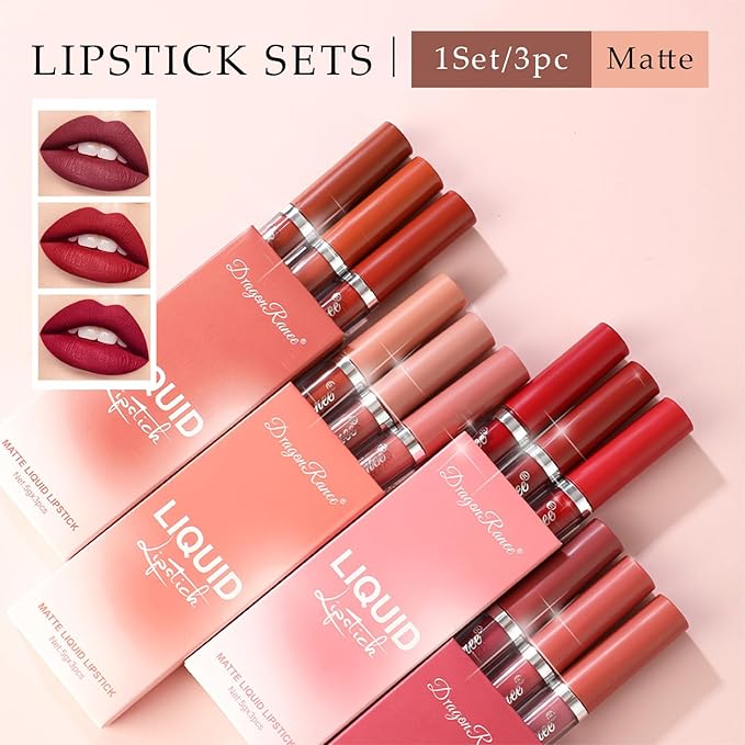 MĒTYSUR3Pcs Matte Lipstick Set - Long Lasting & Smudge-Proof, Hydrating Non-Drying lip gloss for Women, Natural Finish with Rich Shades, Nourishing Lipstick for Women, Soft Matte Lip Cream