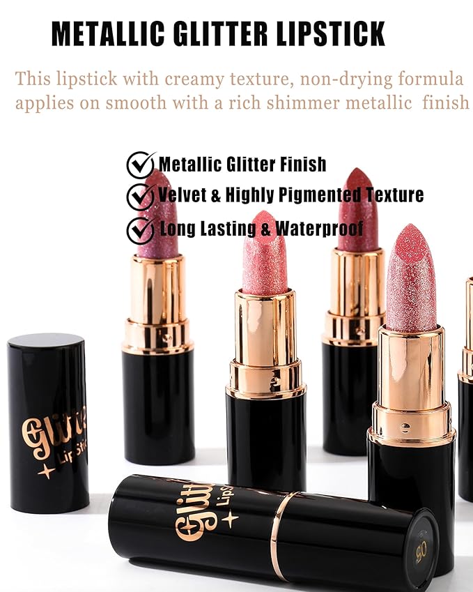 Brown Red Metallic Glitter Lipstick Long Lasting, Diamond Nude Shimmer Lip Gloss High Pigmented Matte Lip Stick for Women, Sparkling Shiny Transfer Proof Non Stick Tinted Lip Color Balm Makeup-04