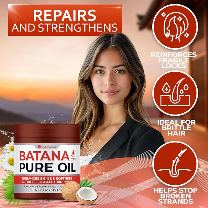 Batana Oil - Pure, Unrefined and Cold Pressed - Volumizing Hair Treatment for Women and Men - Hydrating Nourishment for Dry, Broken and Brittle Split Ends - Deep Hydration and Moisture Hair Mask