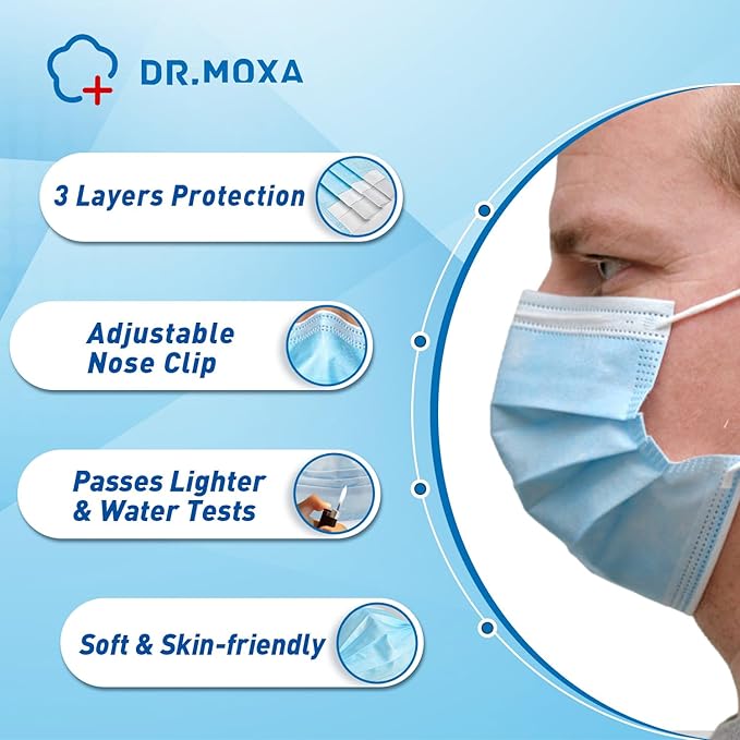 DR.MOXA 500 Pack Disposable Medical Face Masks (5 Boxes, 100pcs/Box) -3 Ply Face Mask for Adults Blue