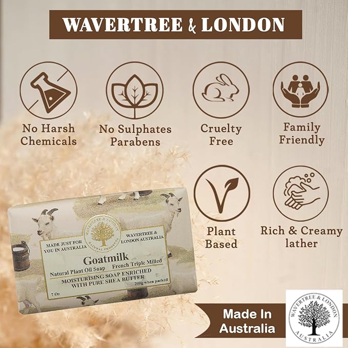 Wavertree & London Natural Goat Milk Soap Bars (2 Bars) – 7oz Individually Wrapped, French Triple Milled Moisturizing Bath Bar Soap Enriched with Shea Butter, Chemical-Free Sensitive Skin Bar Soap