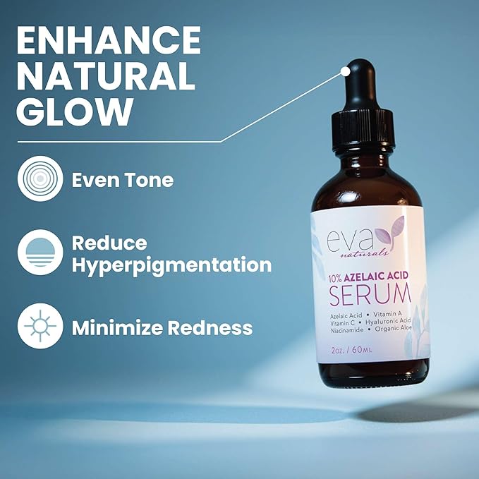 Eva Naturals Azelaic Acid Serum for Face – Niacinamide, Hyaluronic Acid, Vitamins A+C+E – Redness Relief, Dark Spots, Uneven Skin Tone, Texture, Pores, Topical Booster for Clearer, Smoother Skin, 2oz