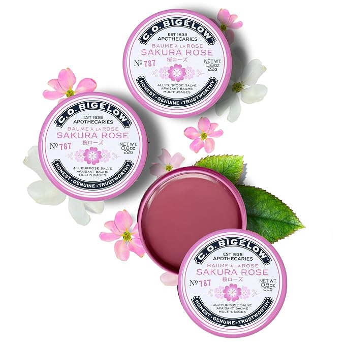 C.O. Bigelow Sakura Rose Salve Tins, Pack of 3 Lip Balm Tins, All Purpose Salve for Lips, Cuticles, Hands & Dry Skin, Lip Balm Set, 0.8 oz