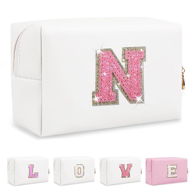 Small Initial Patch Makeup Bag Personalized Gifts Make Up Bag,White Cute PU Leather Glitter Letter Cosmetic Bag with Zipper,Trendy Portable Travel Toiletry Pouch,Preppy Stuff for Teen Girls Women N