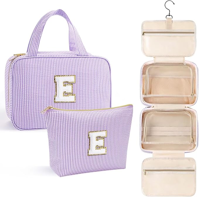 YOOLIFE Teen Girl Gifts Trendy Stuff - Birthday Gifts for 7 8 9 10 11 12 13 14 15 16 17 18 Year Old Teen Girls, Hanging Toiletry Bag Initial Makeup Bag - Letter E, Purple