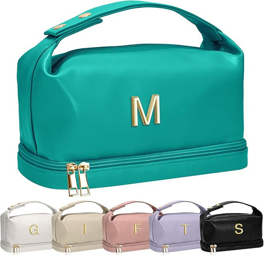 Gift for Her Birthday, Personalized Makeup Bag with Handle, Initial Double Layer Cosmetic Bag with Makeup Brush Organizer, Cute Cosmetic Pouch for Women, Gifts for Friend Female Mom