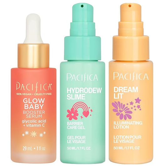 Pacifica Glow Baby Brightening Skincare Set – Vitamin C Booster Serum, Hydrodew Vegan Snail Moisturizer & Dreamlit Illuminating Lotion for Glowing Skin, Hydration & Radiance