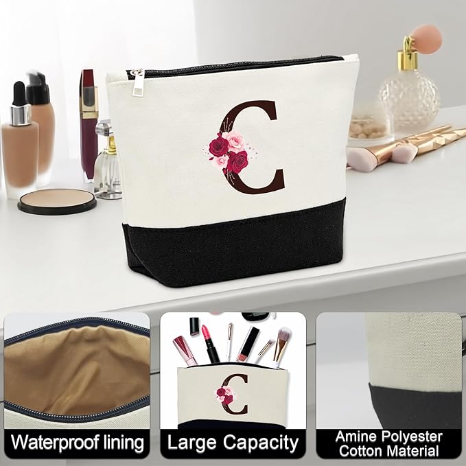 Birthday Gifts for Women,Initial Canvas Tote Bag,Monogrammed Gift for Women,16oz Initial Glass Cup,Makeup Bag with Zipper,Jewelry Organizer Box,Personalized Gifts for Mom-C