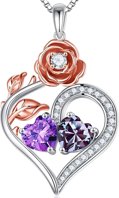 Iefil Rose Heart Birthstone Necklaces for Women - 925 Sterling Silver Double Birthstone Necklace, Anniversary Birthday Gifts for Women, Jewelry Gifts for Wife Her