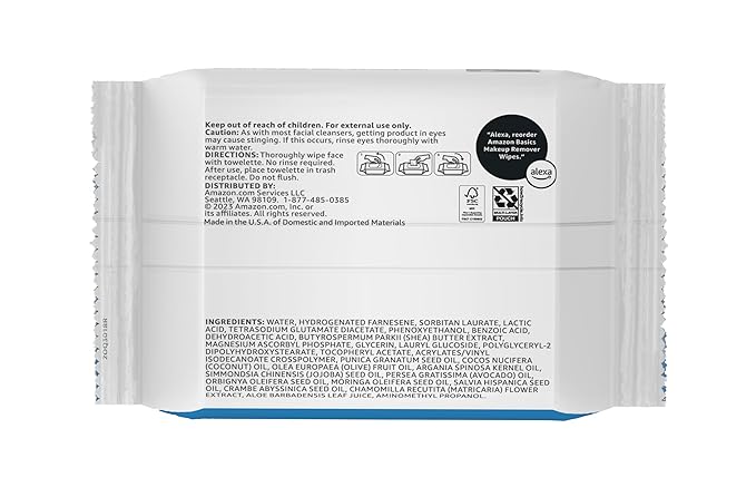 Amazon Basics Makeup Remover Wipes, Gentle Cleansing, Dermatologist Tested, Fragrance Free, Plant Based, Alcohol Free, Removes Waterproof Mascara, 25 Count Per Pack, Pack of 1 (Previously Solimo)