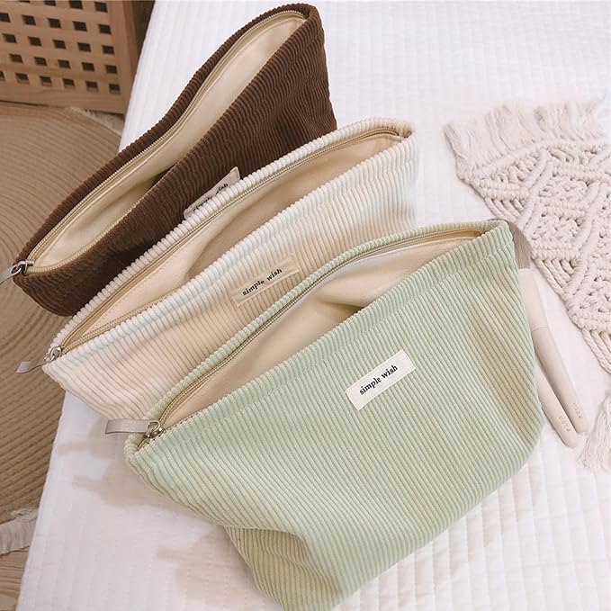 Wudygirl Travel Makeup Bag,Portable Cosmetic Bags,Large Capacity Makeup Bag Organizer for Women,Corduroy Zipper Pouch(Light Green)