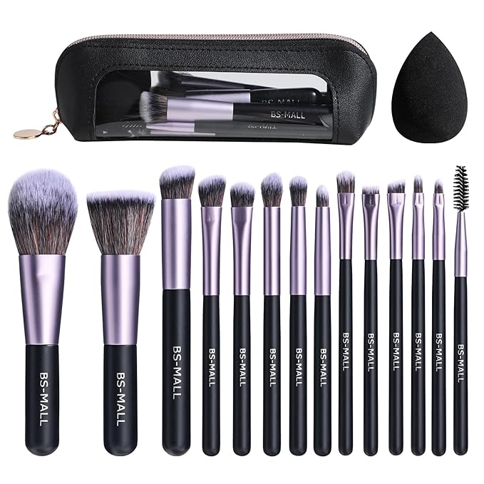 BS-MALL 14 Pcs Makeup Brushes Set with 1 Pcs Makeup Sponge – Essential Foundation Powder Concealers, Eye Shadows, Blush Makeup Brushes with Travel Makeup Case (Purple)