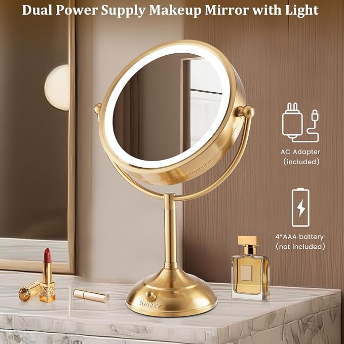 VESAUR 8.5'' Large Gold Lighted Makeup Mirror, 1X/10X Clear Seamless Magnifying Mirror, Bright Vanity Mirror with 3 Colors Dimmable Lights, Two-Sided 360°Rotation Stable Base, Luxury Nickel, Gift Box