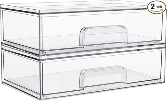 Vtopmart 12.1''W Clear Stackable Storage Drawers,2 Pack Acrylic Plastic Organizers Bins for Makeup Palettes, Cosmetics, and Beauty Supplies,Ideal for Vanity, Bathroom,Cabinet,Desk Organization