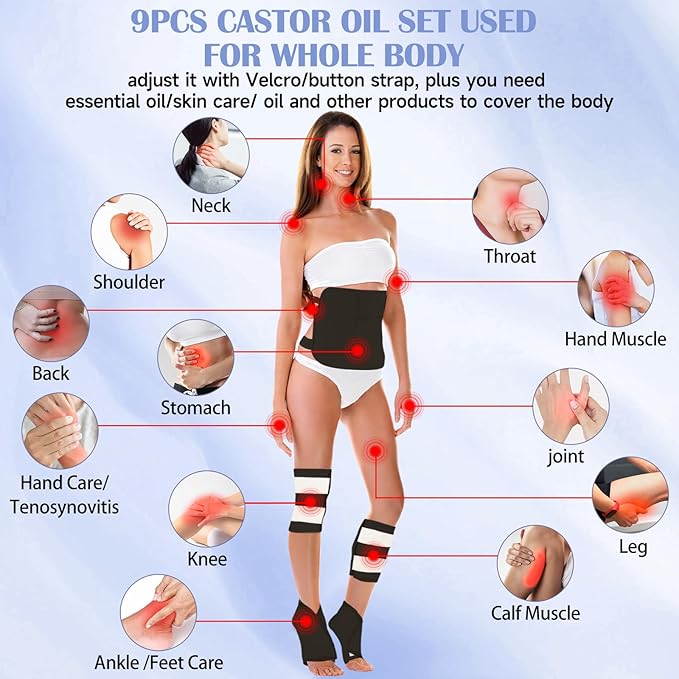 Castor Oil Pack Wrap, 9 Pcs Organic Castor Oil Packs Kit for Entire Body Neck Shoulder Waist Back Hand Knee Leg and Feet, Reusable Pads Kit for Hot/Cold Castor Oil Compress for Woman/Man【Black】