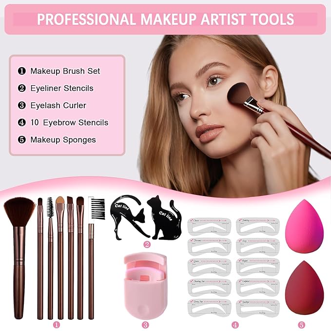 All in One Makeup Kit Makeup Set for Women Full Kit, Make Up Gift Set for Women Teens Girls, Makeup Essential Bundle Includes Eyeshadow Foundation Lipsticks Mascara Eyeliner Cosmetic Brush Set