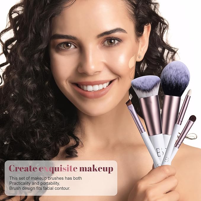 BS-MALL Travel Makeup Brushes Kabuki Premium Synthetic Foundation Powder Concealers Short Handle But Full Size 7 PCS with Triangle Puff & Storage Bag (Rose Pink)