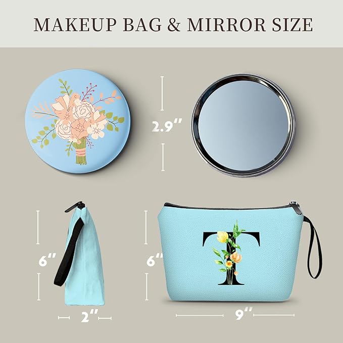 Women Birthday Unique Bride to be Bridal Shower Initial Gifts for Mom Sister Friend Her Teacher Aunt Makeup Cosmetic Bag with Mirror Mothers Day Christmas Graduation T