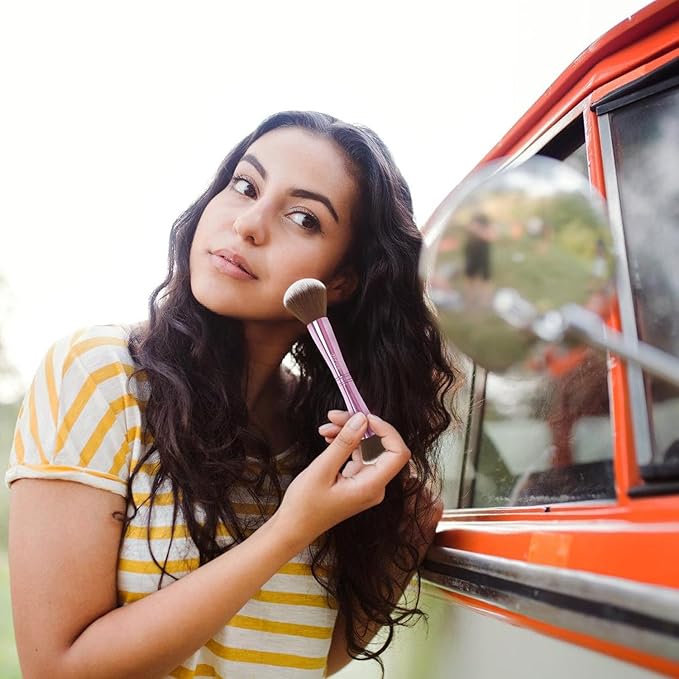 4 in 1 Makeup Brush Set, Travel Makeup Brushes with Case, Foundation Brush/Blush Brush, Eyeshadow Powder Brush,Concealer Brush (pink-silicon brush holder)