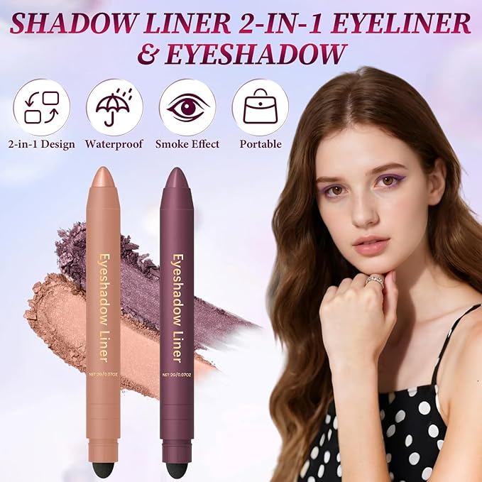 Shadow Liner 2 in 1 Eyeliner Eyeshadow, 2-in-1 Eyeliner & Shadow, shadow Liner Duo Plum, Waterproof Eye Shadow Crayon, Smooth, Easy to Color (Purple + champagne gold