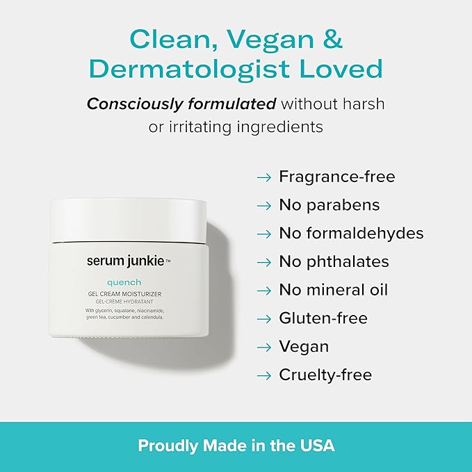 QUENCH Lightweight Gel Cream Moisturizer with Glycerin, Niacinamide, Squalane, Green Tea, Cucumber, Calendula, Hydrating Barrier Support for Sensitive Skin, 1.7 fl oz