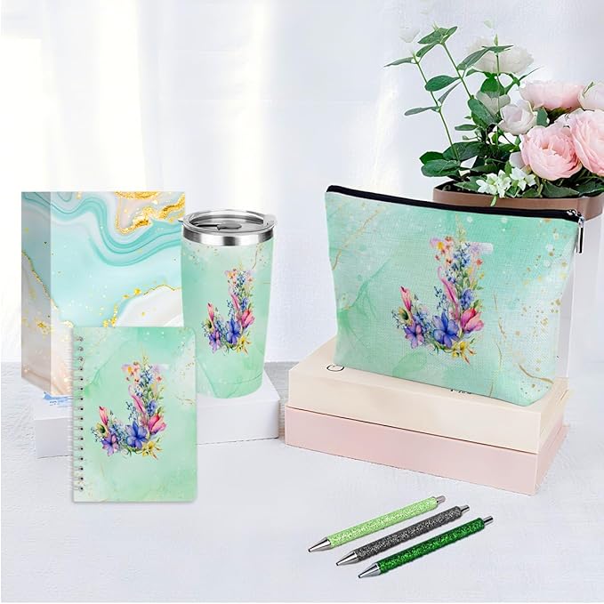 Personalized Gifts Monogrammed Birthday Gifts for Women, Maid of Honor Bachelorette Wedding Christmas Initial 20 oz Tumbler, Makeup Bag Cup Pens Journal Notebook 6 Set, (Aesthetic Green Flower J)