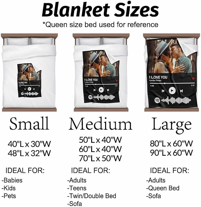 Personalized Spotify Code Music Blanket Custom Blanket with Picture Text Customized Blankets Thows Photo Blankets Customize Gifts for Mom Dad Couple Girlfriend Boyfriend Wife Husband