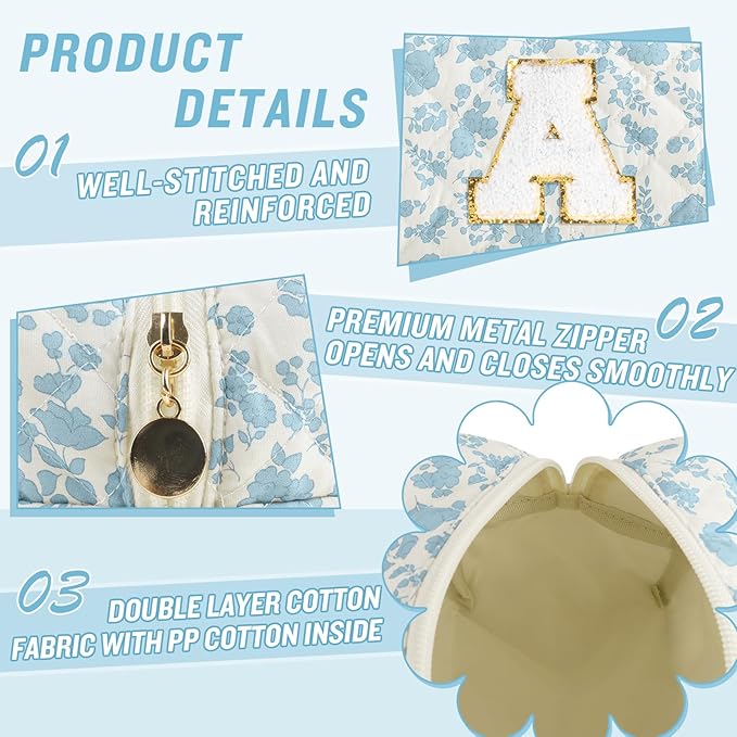 Personalized Quilted Cosmetic Bag, Puffy Monogrammed Christmas Birthday Gifts for Women & Girls, Cute initial Floral Makeup Bag Puffer Coquette Bag, Aesthetic Travel Toiletry Zipper Pouch(Blue,A)