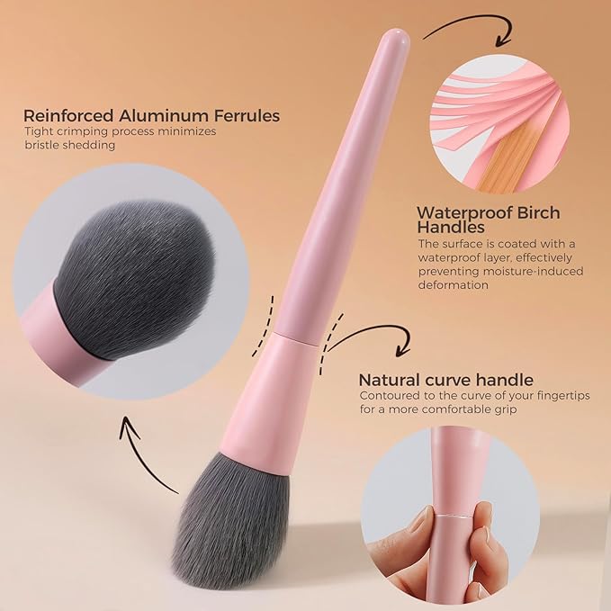BEAKEY Pink Makeup Brushes Set–10 Pcs Taklon Bristles for Foundation Powder Blush Contour Eyeshadow & Concealer with Durable Birch Handles