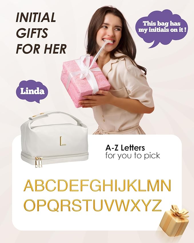 Girlfriend Gifts, Personalized Makeup Bag with Handle, Initial Double Layer Cosmetic Bag with Makeup Brush Organizer, PU Leather Travel Toiletry Bag Gifts for Women Her Friend Sister Mom Gift