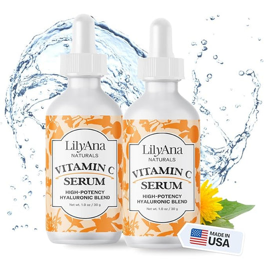 LilyAna Naturals Vitamin C Serum for Face - with Hyaluronic Acid and Vitamin E, Anti Aging Serum, Reduces Age Spots and Sun Damage, Promotes Collagen and Elastin (Double Pack)