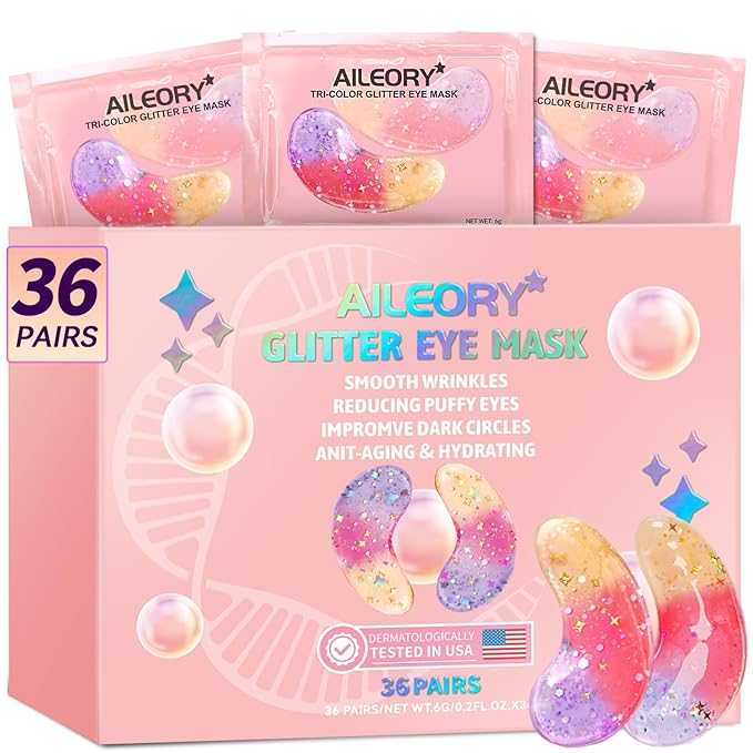 Under Eye Patches (36 Pairs) - New Tri-color Glitter Eye Gel Pads for Dark Circles Puffy Eyes,Under eye Bags,Wrinkles|Natural Collagen Under Eye Mask Patches, Gel Under Eye Patches