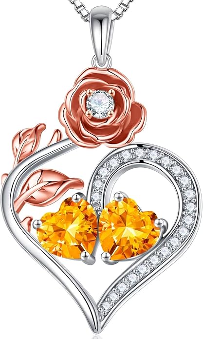 Iefil Rose Heart Birthstone Necklaces for Women - 925 Sterling Silver Double Birthstone Necklace, Anniversary Birthday Gifts for Women, Jewelry Gifts for Wife Her